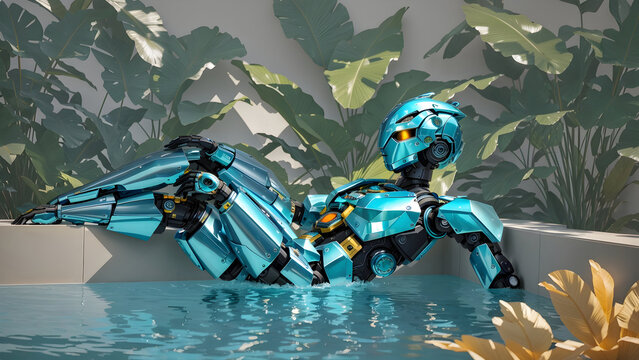 A humanoid robot lounging in a pool of tropical flowers, the sun glinting off its metallic body.