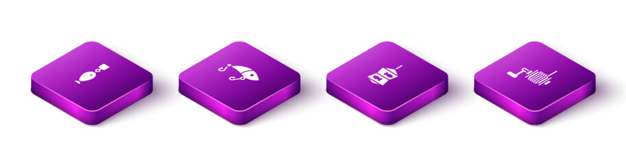 Set Isometric Fishing spoon, lure, net with fish and Spinning reel for fishing icon. Vector