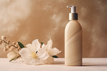 Obraz na płótnie Canvas Aesthetic minimalist beauty care therapy concept. Spray bottle, cream, skincare