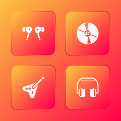 Set Air headphones, CD or DVD disk, Electric bass guitar and Headphones icon. Vector