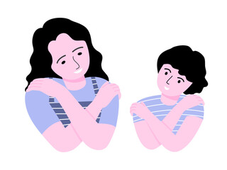 Happy child girl and mother smiling and embracing self, self-love concept. Flat vector illustration.