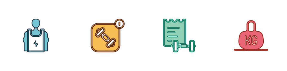 Set Bodybuilder, Fitness app, Sport training program and Weight icon. Vector