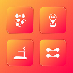 Set Sports doping with dumbbell, Location gym, Treadmill machine and Dumbbell icon. Vector