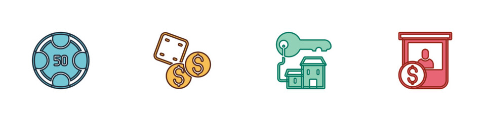 Set Casino chips, Game dice, Winning house with key and exchange icon. Vector
