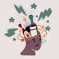 Vector illustration of Funny drunk man. Bottles of wine in his head. Alcoholism, alcohol addiction.