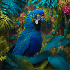 Obraz premium a serene aura amidst a mystical forest, the ethereal humanoid macaw with celestial wings perches atop ancient trees, embodying avian and human wisdom, while its otherworldly glow softly illuminates