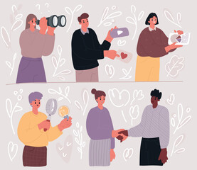 Fototapeta premium Vector illustration of Looking for the perfect candidate. Team using binoculars and magnifier. Looking for the perfect candidate. Young HR team using binoculars, magnifier, woman with binoculars, magn