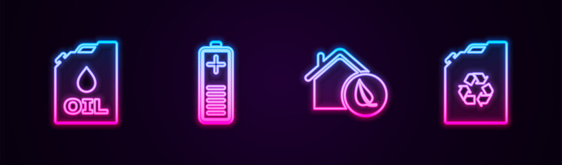 Set line Canister machine oil, Battery charge level indicator, Eco friendly house and fuel canister. Glowing neon icon. Vector