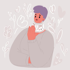 Vector illustration of Happy woman in cast neck splints collar. Social security and health insurance concept.