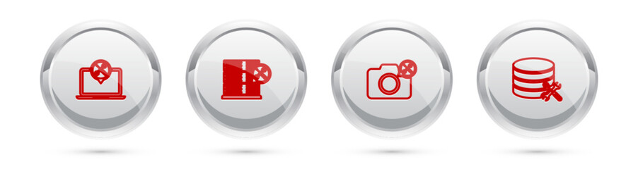 Set line Laptop service, Database server, Photo camera and . Silver circle button. Vector