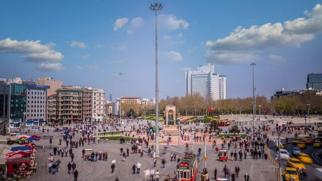 Istanbul Taksim Square panoramic view timelapse people walking,takism square, taksim meydani.