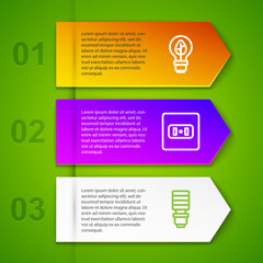 Set line Light bulb with leaf, Electrical outlet and LED light. Business infographic template. Vector