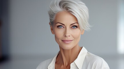 Portrait of a successful adult woman on a light background with focus and space for text