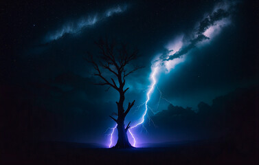 Thunderstorm lightning in the night sky. Generative AI.