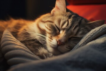 red cat sleeping on sofa close-up. Pets.