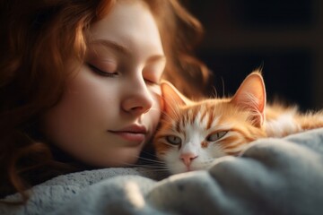 a girl in an embrace with a cat is sleeping on the sofa