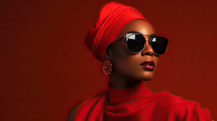 A fictional black woman with a turban and sunglasses poses in front of a red backdrop leaving room for text