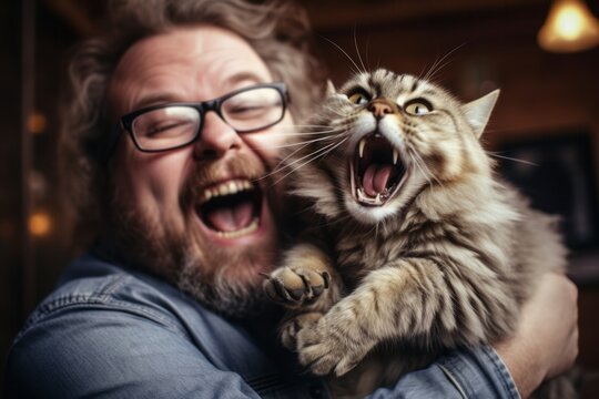 a man holds a cat with a funny face.
