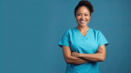Beautiful Latin nurse with crossed arms blue background - Powered by Adobe