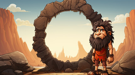 Cartoon caveman on the rock in the desert - illustration for children. - obrazy, fototapety, plakaty