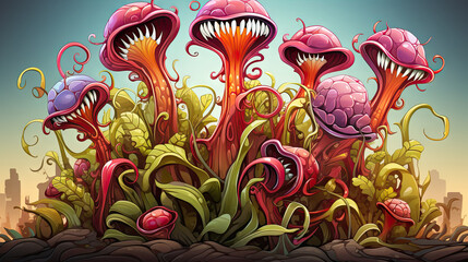 Illustration of a fantasy garden with Venus flytrap flowers and plants in the background. - obrazy, fototapety, plakaty