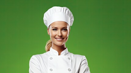Smiling blond female chef isolated on green background Banner copy space