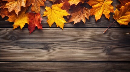 Naklejka na ściany i meble Fall foliage on wooden surface