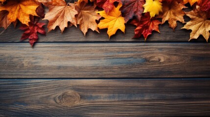 Naklejka na ściany i meble Fall foliage on a wooden surface
