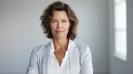 Successful woman portrait on light background with focus and space for text