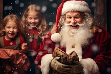 happy santa with children near the fireplace on christmas night. - obrazy, fototapety, plakaty