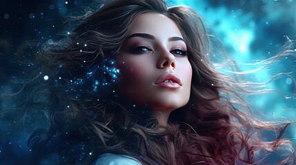 Attractive woman s face against a celestial backdrop