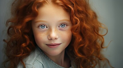 Curly red haired girl with freckles appears innocent but mischievous smiling with wide eyes and pointing to empty space