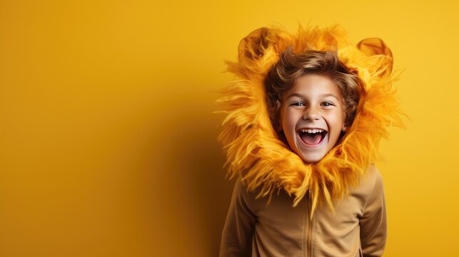 Copy Space Available On Yellow Banner For Halloween Costume Of Adorable Young Boy Resembling A Lion