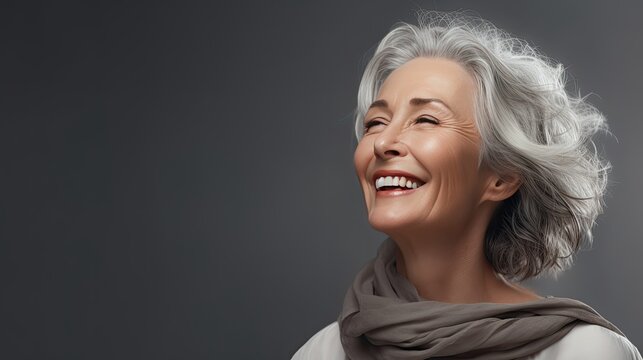 Smiling grey haired woman gazes upward at empty space