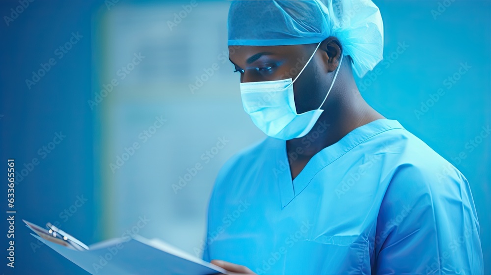 Poster African male surgeon in mask and scrubs clinic holding clipboard blue background banner