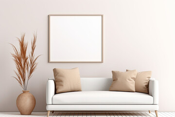 Modern interior design in natural colours with dry plants decoration and empty white mock up picture frame