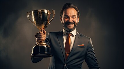 A triumphant businessman proudly displays a renowned trophy symbolizing exceptional accomplishment and prosperity in the business world - obrazy, fototapety, plakaty