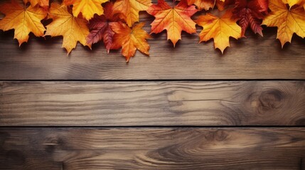 Naklejka na ściany i meble Fall foliage on a wooden backdrop