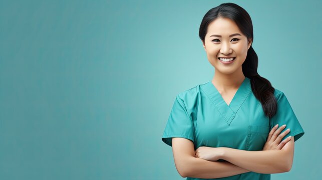 Beautiful Asian Nurse In Scrub With Crossed Arms Blue Background Studio Portrait Healthcare Personnel Physiotherapy Banner