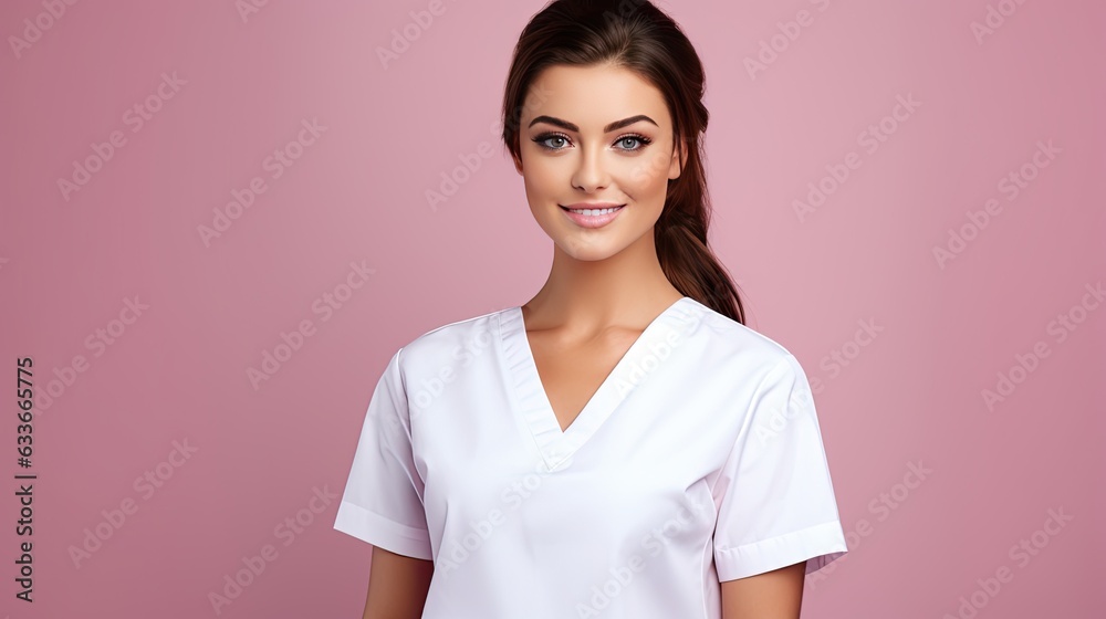 Sticker Smiling nurse in white scrubs on pink background healthcare concept