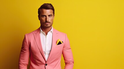 Obraz premium Successful white male model in a stylish yellow suit stands confidently against a pink background representing a successful businessman and CEO
