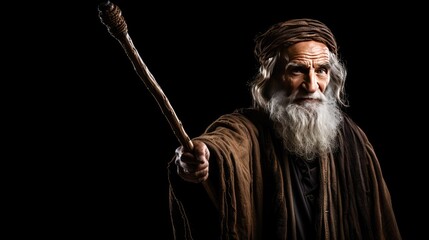 An isolated prophet holding a staff against a black background Ample space available