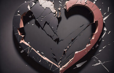 Broken heart on black background. Concept: Love and divorce Generative AI.
