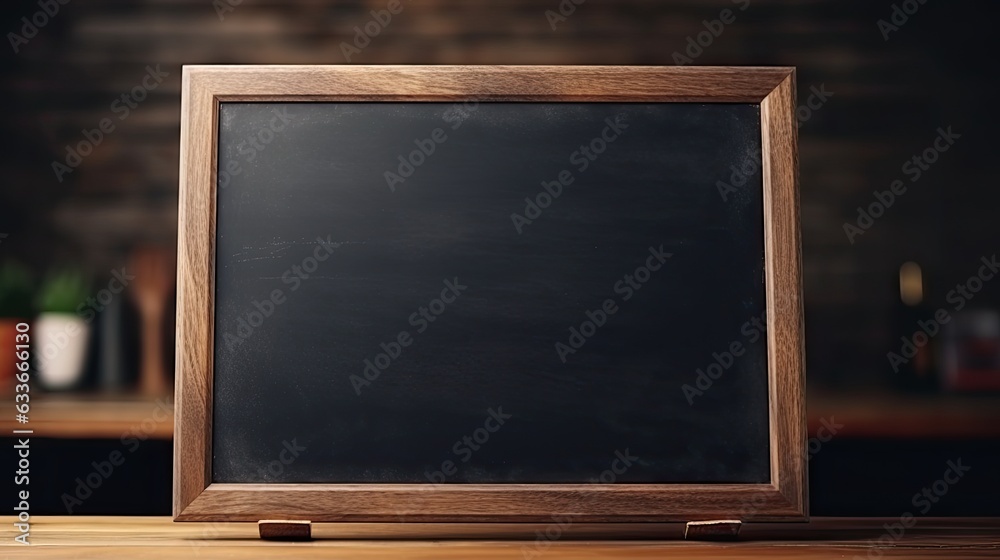 Sticker dirty black chalkboard on desk in classroom