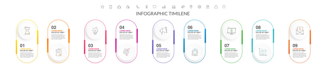 Line vector minimal infographic with nine circles. Modern timeline business concept with 9 steps by step for diagram, chart, flowchart, levels, graphic, app, web