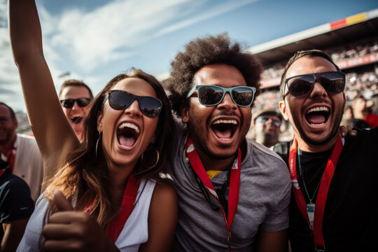 Car racing supporters elated by a victory lap 