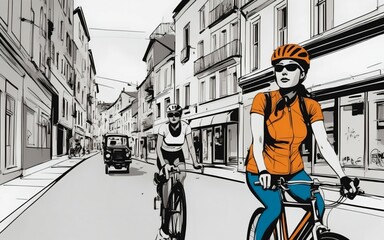 Young woman riding bicycle in urban outdoors, generative AI