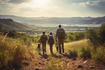 Obraz premium Father And His Family Going On A Scenic Tracking, Generative AI.