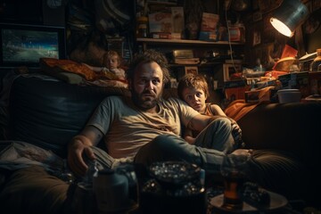 Fototapeta na wymiar Father And His Family Watching A Movie, Generative AI.