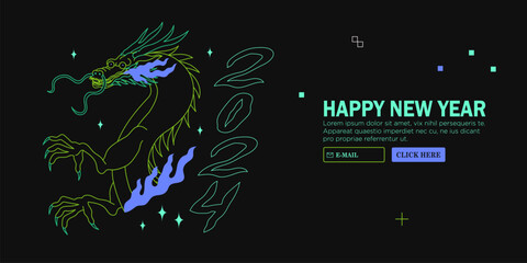 Y2k abstract acid futuristic 2024 new year banner with simple geometric shapes, forms and outline dragon portrait. Bold form graphic design for web site, greetings cards, posters, prints, backgrounds.